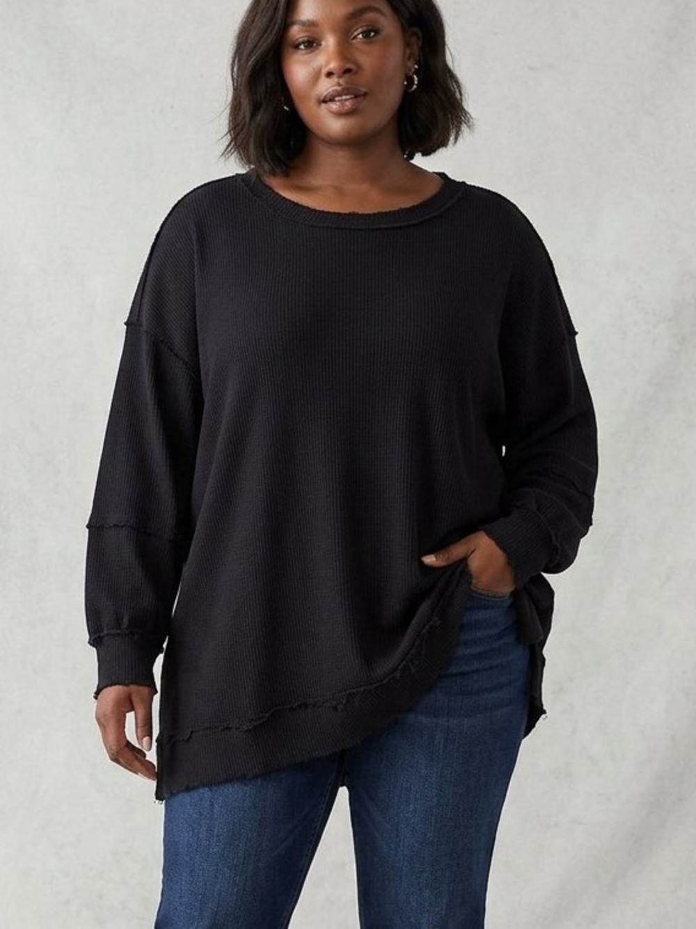 torrid Black Waffle-Knit Scoop-Neck Raw Hem Pullover